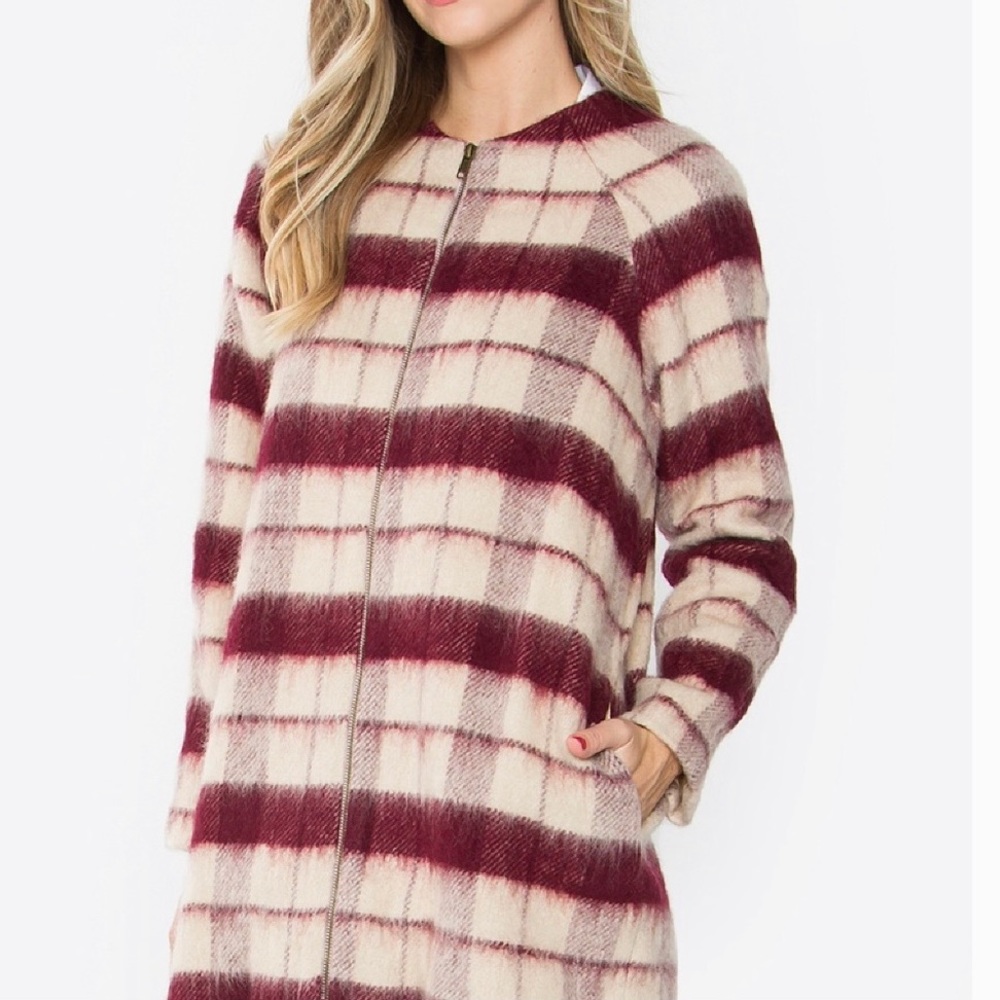 Women’s Plaid Burgundy and Beige Coat - Picture 2 of 4